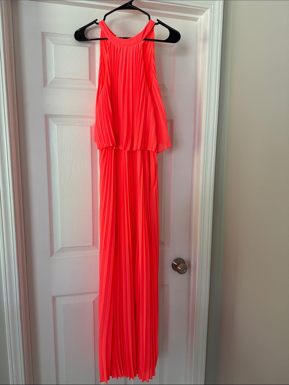 Skies Are Blue Neon Coral Pleated Halter Dress
